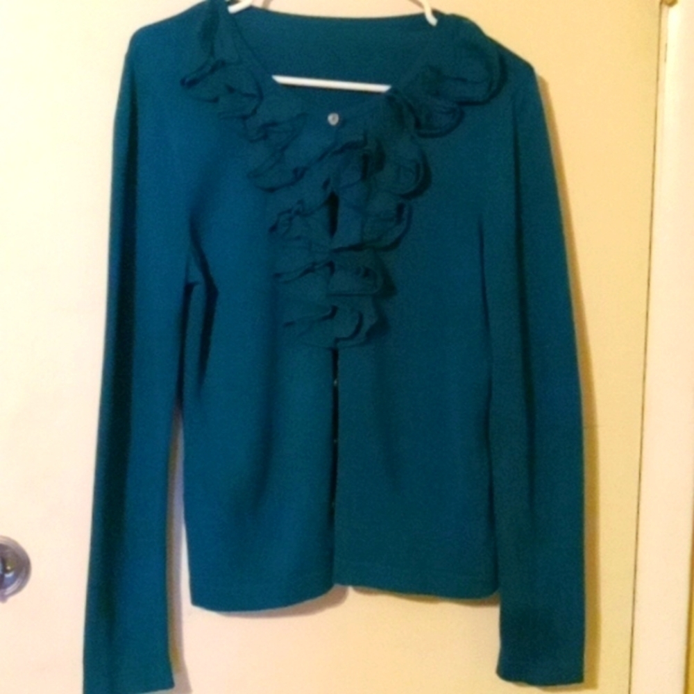 Cardigan sweater button down green ruffles.
